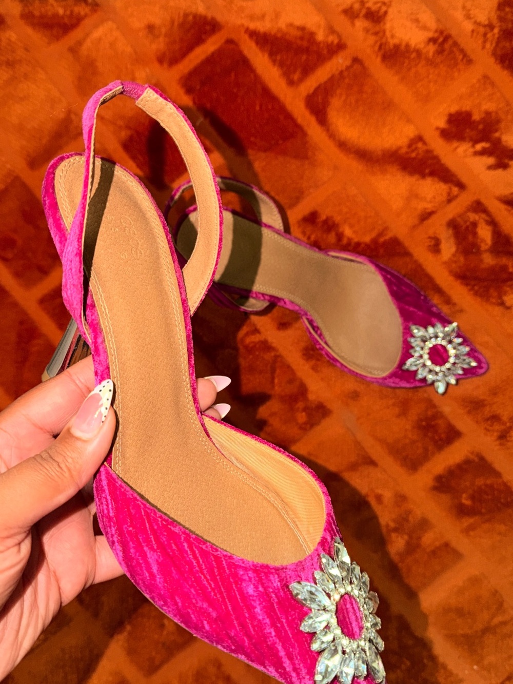 ASOS Fuchsia Velvet Slingback Heels with Crystal Sunburst